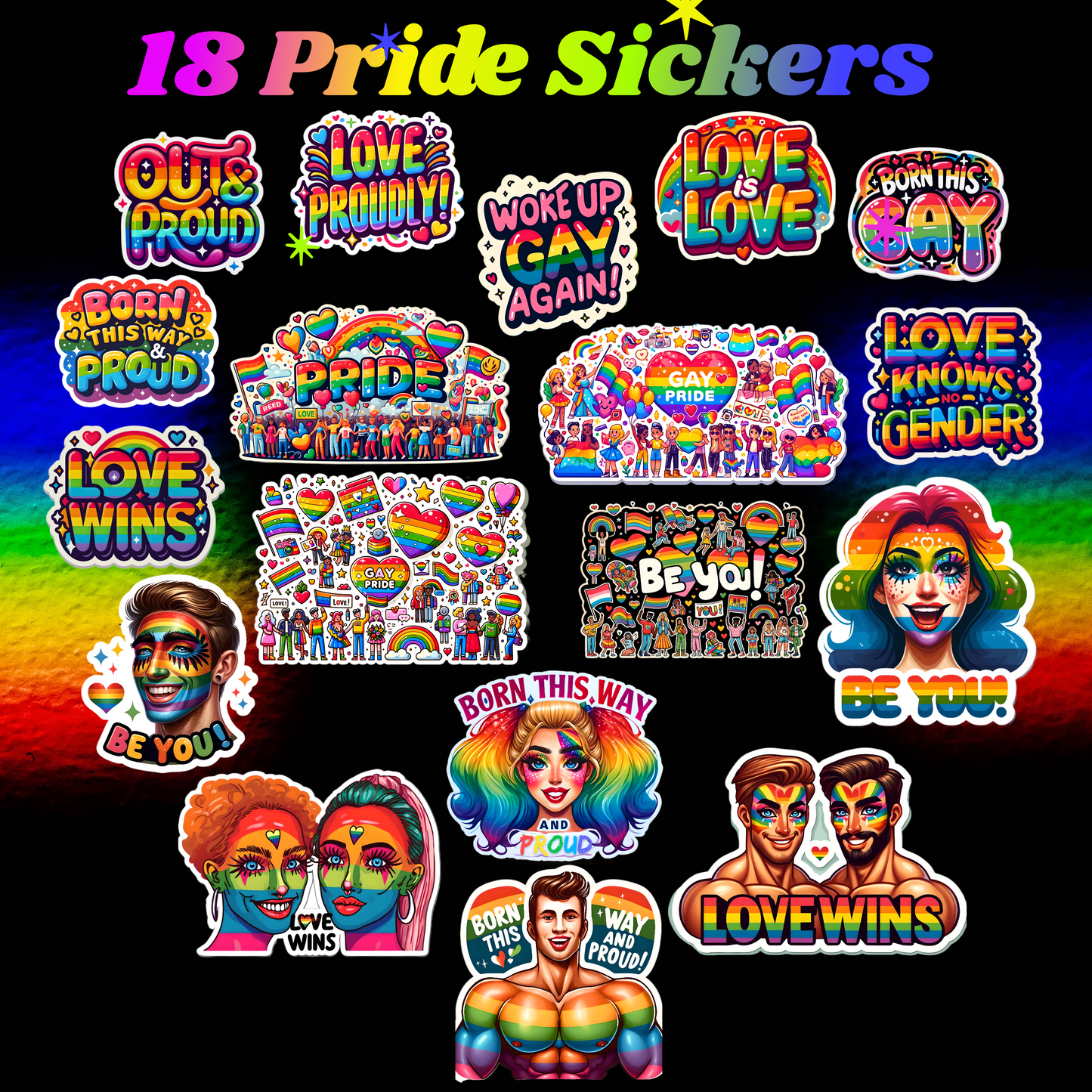 18 Gay Pride Stickers, LGBTQ Rainbow Stickers, Vinyl LGBT Gay Pride Stickers for Laptops, Water Bottles, Luggage, Scrapbooking